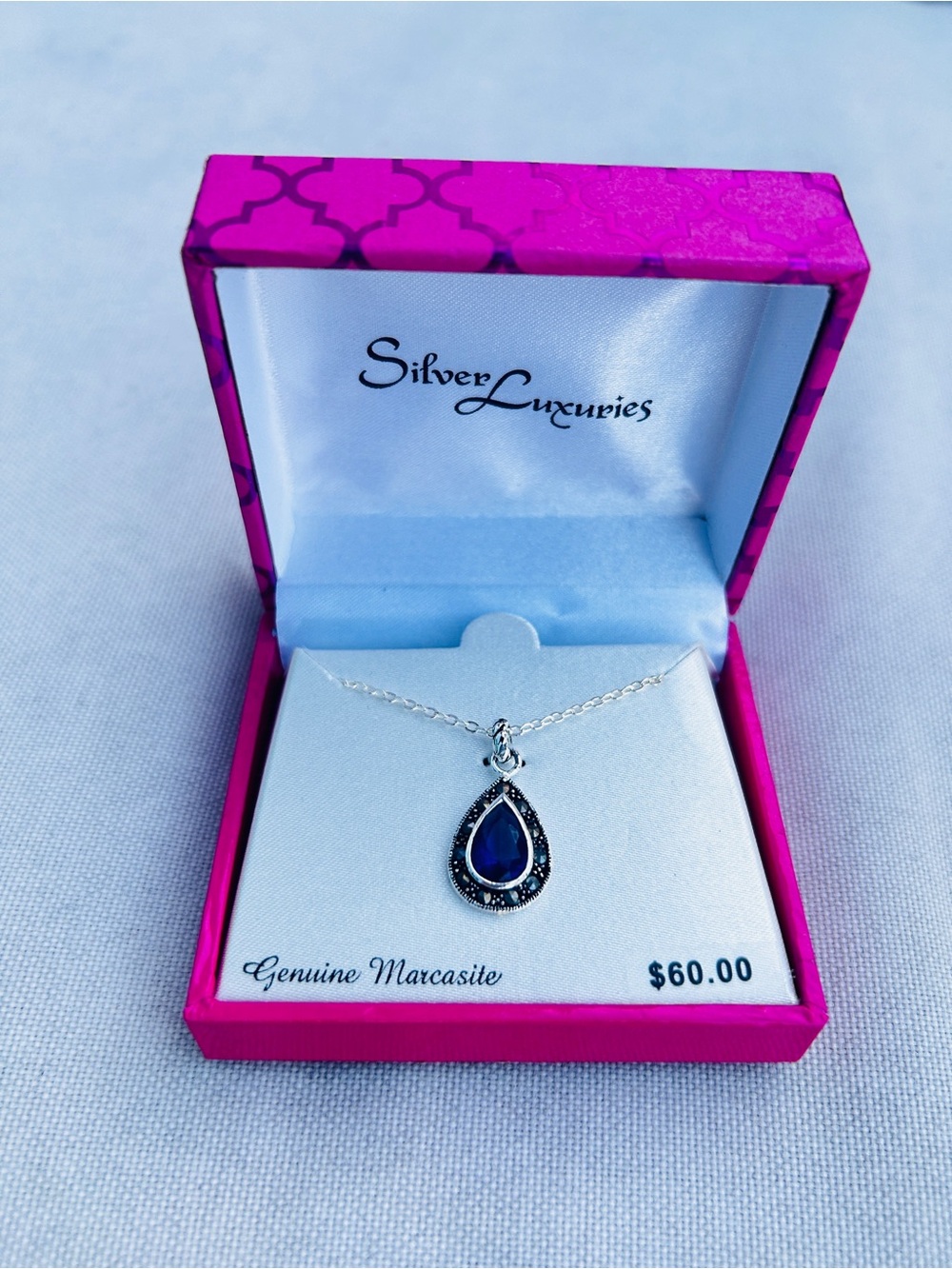 Blue Teardrop Marcasite Necklace